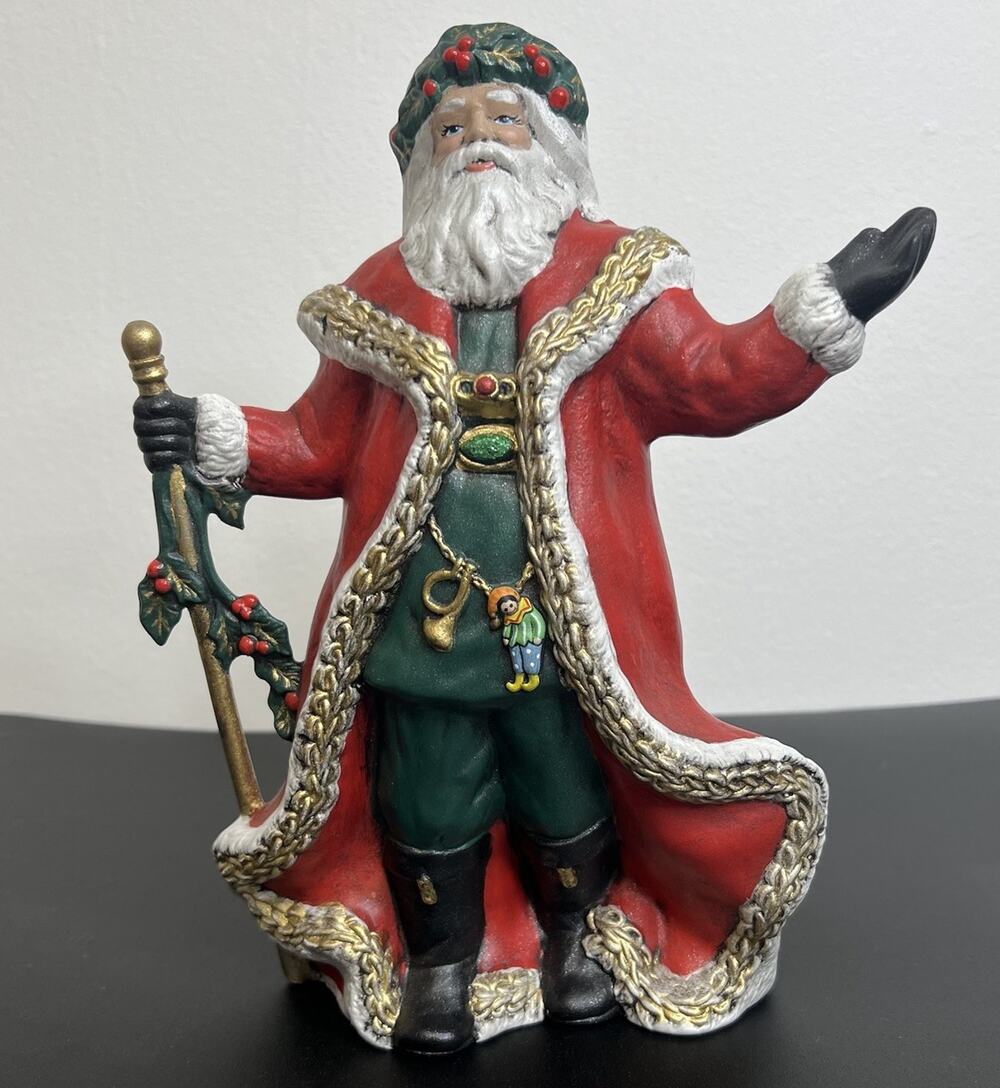 Vintage 1993 Ceramic Santa Claus Figurine Holly Staff Christmas Decor 9.5 Inches